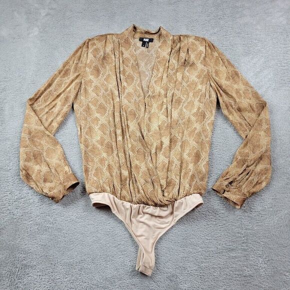 Paige Sevilla‎ Bodysuit Blouse Bronze Small Snake Long Sleeve V Neck Draped - Picture 1 of 13